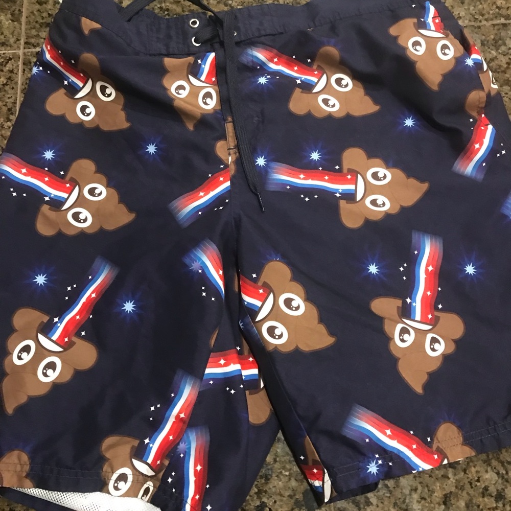 Poop emoji swim trunks.